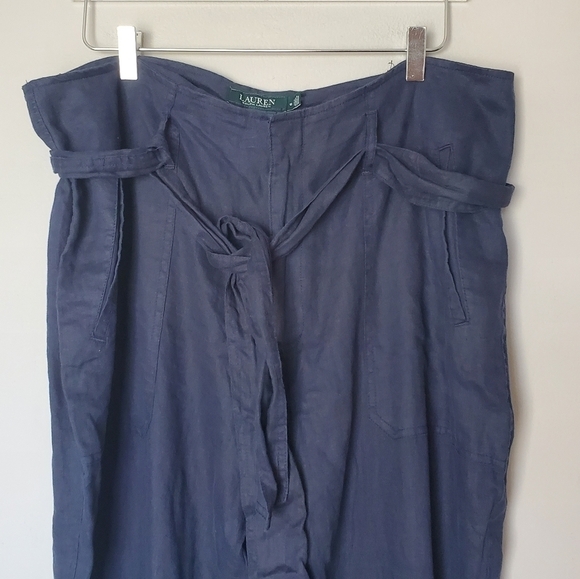 Ralph Lauren 100% Linen Belted High Waist Pants Navy Blue with Pockets - Picture 3 of 8